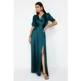 Trendyol Emerald Green Belt Detailed Knitted Long Evening Dress
