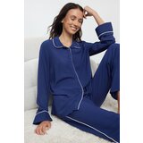 Trendyol Navy Blue Piping Detailed Viscose Woven Pajama Set Cene