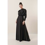 By Saygı Lined Sleeves with Pleated Button Detailed Beaded Satin Long Dress Black Cene