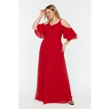 Trendyol Curve Red Double Breasted Neck Woven Chiffon Dress Cene