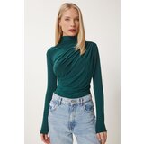  Women's Dark Green Ruffle Detailed Standing Collar Sandy Blouse | Shoptok.si