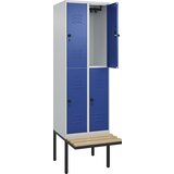 C+P Dvonadstropna garderobna omara s klopjo Classic PLUS, 2 dela, svetlo sive / encijan modre barve, Š 600 mm, varnostni vrtljivi zapah, lebdeča klop, | Shoptok.si