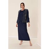 By Saygı Crepe With Beads Embroidered Lined Triple Plus Size Suite, Navy Blue Cene