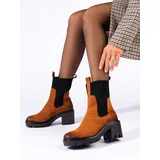 SHELOVET Camel slip-on ankle boots with a wide heel Potocki