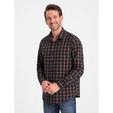 Ombre Men's plaid flannel shirt SLIM FIT - navy blue and orange Cene