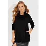 Cool & Sexy Women's Black Turndown Collar Pocket Knitwear Sweater YZ519