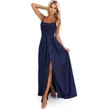 Numoco 589-2 Long dress with subtle shimmer and corset back tie - navy blue with glitter | Shoptok.si
