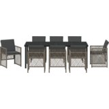 vidaXL 9-dijelni vrtni blagovaonski set s jastučićima Siva Poliratan, Vrtni stol Crn 200x80x73 cm Temperirano staklo | shoptok.hr
