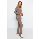 Trendyol Mink Crop Slit Knitwear Top and Bottom Set Cene
