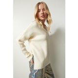  Women's Ecru V-Neck Textured Knitwear Sweater | Shoptok.si