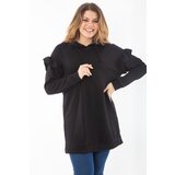 Şans Women's Plus Size Black Inner Raising Three Thread Sleeve Detailed Hooded Sweatshirt Cene