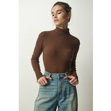 Happiness İstanbul Women's Brown Turtleneck Ribbed Knitted Blouse Cene