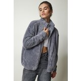  Women's Gray Zippered Plush Cardigan | Shoptok.si
