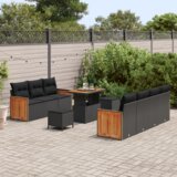 vidaXL Vrtni kavč set z blazinami, črna poli ratan akacija | Shoptok.si
