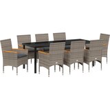 vidaXL 9-dijelni vrtni set za obedovanje s jastučićima Sivi poliratan, vrtni stol Crni 200x80x73 cm od kaljenog stakla | shoptok.hr