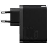Baseus GaN USB-C + USB stenski polnilec, 100W + 1m kabel, črn | Shoptok.si