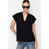 Trendyol Black 100% Cotton V-neck Moon Sleeve Knitted T-Shirt Cene