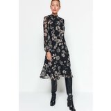 Trendyol A-Line Black Floral Pattern Chiffon Dress With Woven Lining Cene
