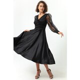 Lafaba Women's Black Double Breasted Neck Silvery Midi Satin Evening Dress Cijene