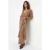Trendyol Camel Double Breasted Collar Tie Detailed Knitwear Dress