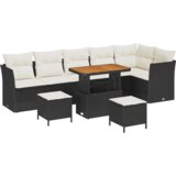 vidaXL 9 delni vrtni sofa set z blazinami Črna Poli ratan Akacija, 3 delni vrtni jedilni set z blazinami Črna Poli ratan Akacija | Shoptok.si