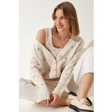  Women's Cream Floral Embroidered Cardigan Athlete Knitwear Suit | Shoptok.si