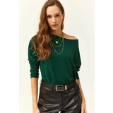 Olalook Women's Emerald Green Dirty Collar Printed Soft Texture Thin Sweatshirt