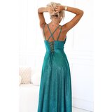 Numoco 589-3 Long dress with subtle shimmer and corset back tie - green with glitter | shoptok.hr