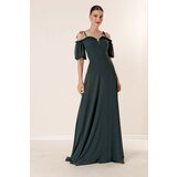 By Saygı Emerald Long Chiffon Dress with Pleated Collar and Balloon Sleeves Cene