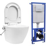 vidaXL Viseča WC školjka brez roba z vgradnim kotličkom keramična bela Cene