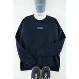 Trendyol Navy Blue Mink Men's Oversize/Wide-Fit Brooklyn City Text Embroidery Thick Cotton Sweatshirt