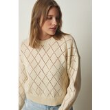 Happiness İstanbul Women's Cream Diamond Patterned Openwork Knitwear Sweater Cene
