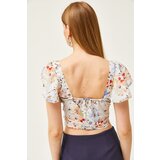 Olalook Women's Blue Floral Side Zipper Sleeve Detailed Mos Crepe Blouse | Eponuda.ba