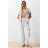Trendyol Ecru-Multi Color 100% Cotton Floral Ruffle Detail Knitted Pajamas Set cene