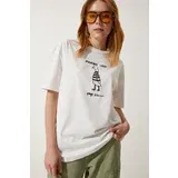 Happiness İstanbul Women's White Embroidery Knitted T-Shirt