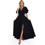 Numoco 581-7 JENNIFER długa suknia z rozcięciem na nogę, rękawkiem i dekoltem - czarna | Shoptok.si