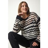 Happiness İstanbul Women's Black Cream Striped Openwork Knitwear Sweater Cene