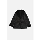 Trendyol Black Belted Plush Fur Detailed Faux Leather Coat Cene