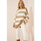 Happiness İstanbul Women's Biscuit White Striped Oversized Knitwear Sweater