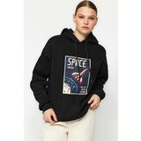 Trendyol Black Oversized/Wide-Cut Knitted Sweatshirt with a Space Print Thick Fleece Inside cene
