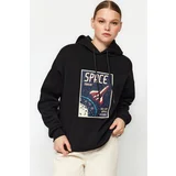 Trendyol Black Oversized/Wide-Cut Knitted Sweatshirt with a Space Print Thick Fleece Inside