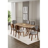 Hanah home trpezarijski set Flori, sto i 6 stolica, ploča u dekoru atlantskog bora, noge sa završnom obradom u izgledu drveta, siva tkanina Babyface | Eponuda.com