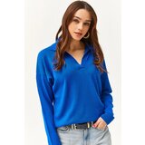 Olalook Women's Saxe Blue Polo Neck Thin Knitwear Sweater Cene
