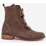 Zazoo Suede Women's Ankle Boots with Decorative Flowers 3085 Dark Beige | shoptok.hr
