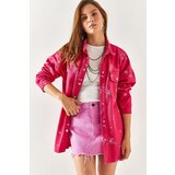 Olalook Women's Fuchsia Embroidered Oversized Cotton Shirt Jacket with Pocket Cene