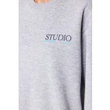 Trendyol Gray Melange Back with Print Detailed Thick Fleece Inside Regular Fit Knitted Sweatshirt with a slit