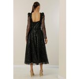 By Saygı Square Neck Long Sleeve Lined Sequined Beaded Dress | shoptok.hr