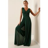 By Saygı Decollete Decollete Front Back V-Neck Lined Chiffon Jumpsuit Emerald Cene