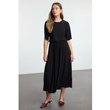 Trendyol women's black pleated skater midi crew neck stretchy knitted dress