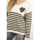 Kesi Włoski Women's striped sweater with a heart, mohair, and V-neck khaki | Shoptok.si